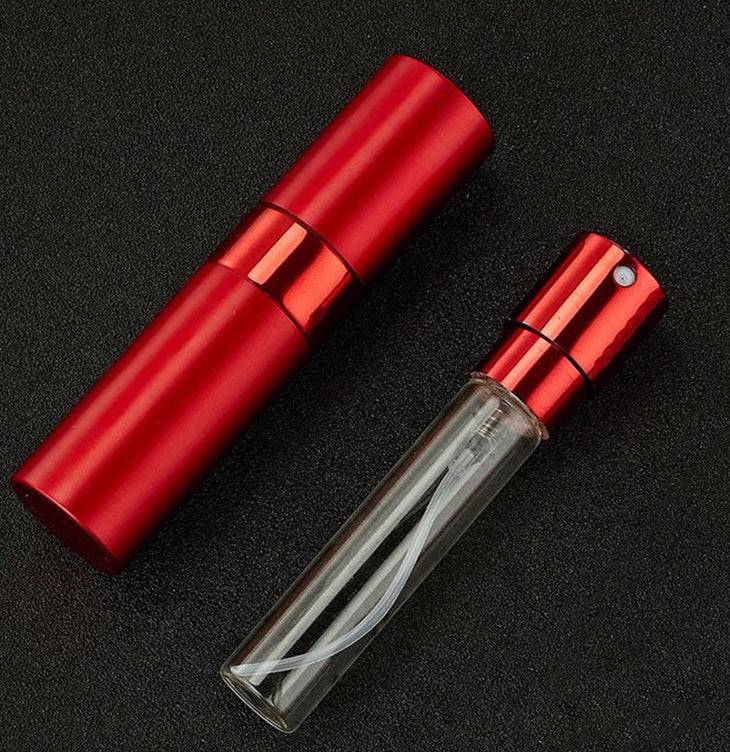 Compact refillable travel perfume atomizer with durable metal body and anodized aluminum nozzle in multiple colors.