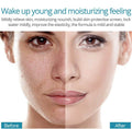 Hyaluronic Acid Facial Serum bottle with water droplets and glowing skin background