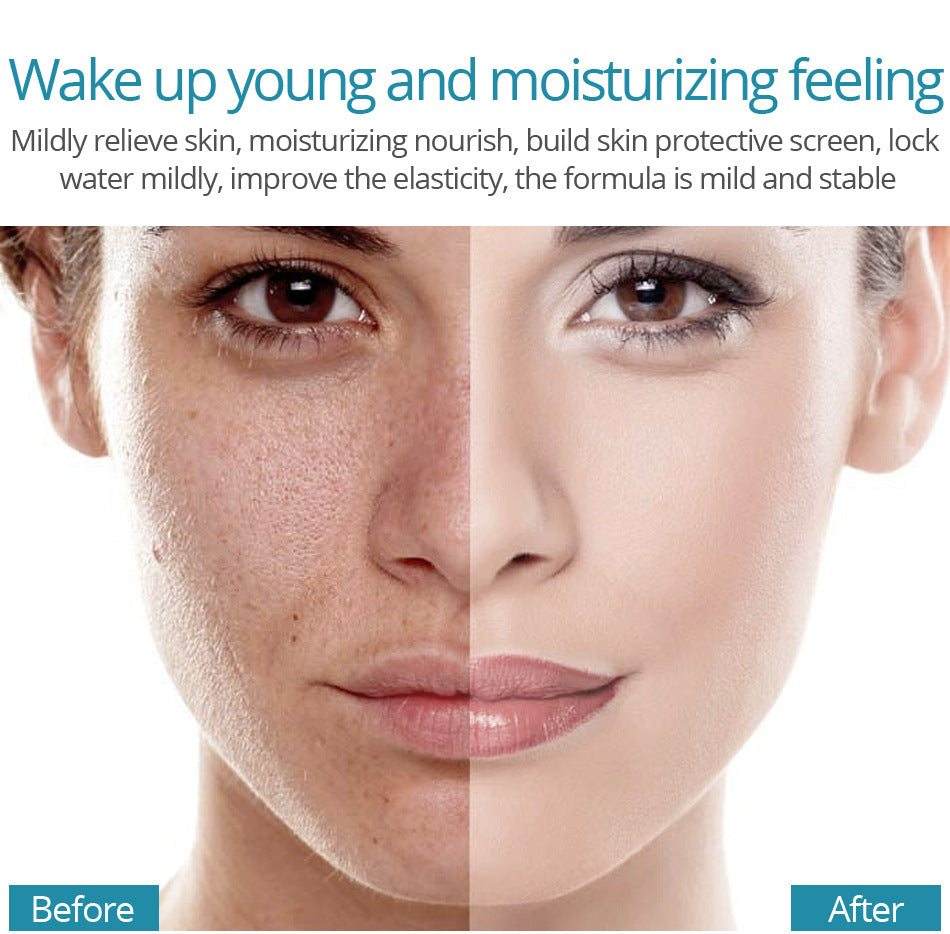 Hyaluronic Acid Facial Serum bottle with water droplets and glowing skin background