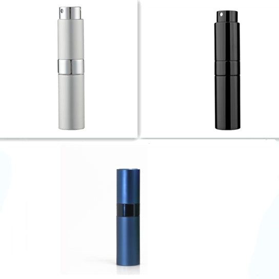 Compact refillable travel perfume atomizer with durable metal body and anodized aluminum nozzle in multiple colors