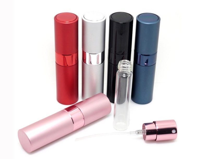 Refillable Travel Perfume Atomizer with compact metal design and anodized aluminum nozzle in multiple colors