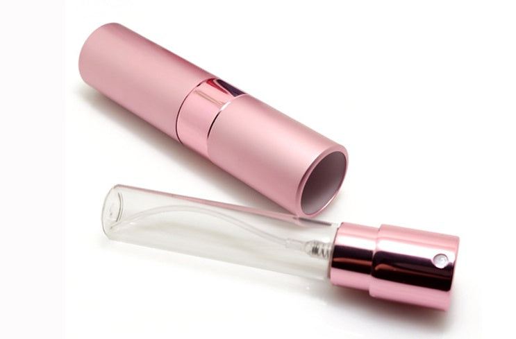 Compact refillable travel perfume atomizer with durable metal body and anodized aluminum nozzle in multiple colors
