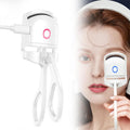 Heated Electric Eyelash Curler with USB rechargeable, safe thermal insulation, and dual temperature modes for natural long-lasting curl
