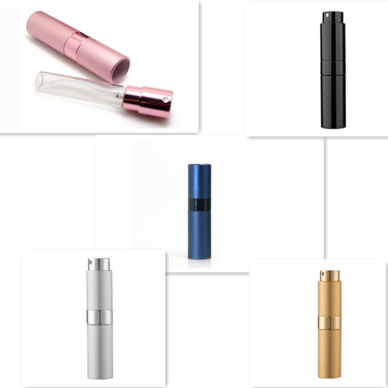 Compact refillable travel perfume atomizer with durable metal body and anodized aluminum nozzle in multiple colors