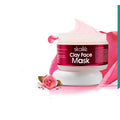 Rose Clay Face Mask smooth paste in jar with fresh rose petals and green leaves