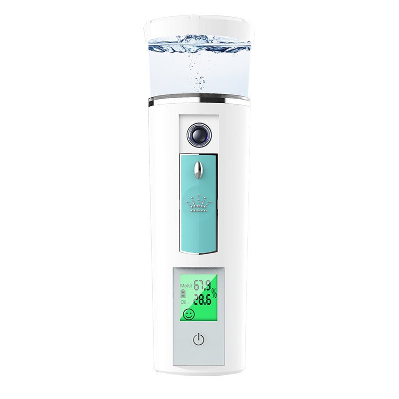 Compact rechargeable portable facial moisturizer delivering fine mist for skincare on the go