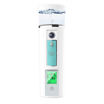 Compact rechargeable portable facial moisturizer delivering fine mist for skincare on the go